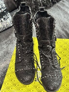 Gianni Bini Black Glitter Studded Lace-Up Boots